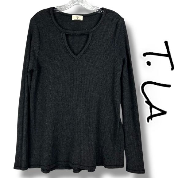 T La Anthroplogie Waffle Knit Charcoal Gray Tunic Shirt Cozycore Womens Size S - Picture 1 of 11